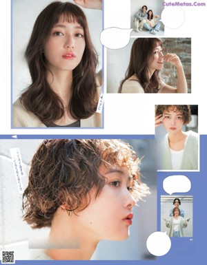 A magazine spread with a picture of a woman with bangs.