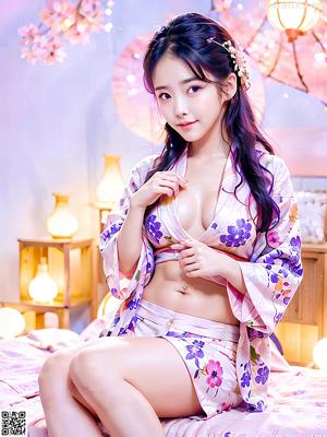 A woman in a pink kimono posing for the camera.
