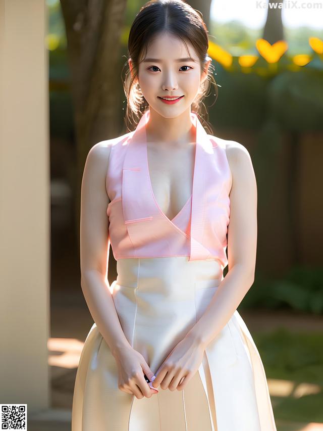 A woman in a pink and white dress posing for a picture.