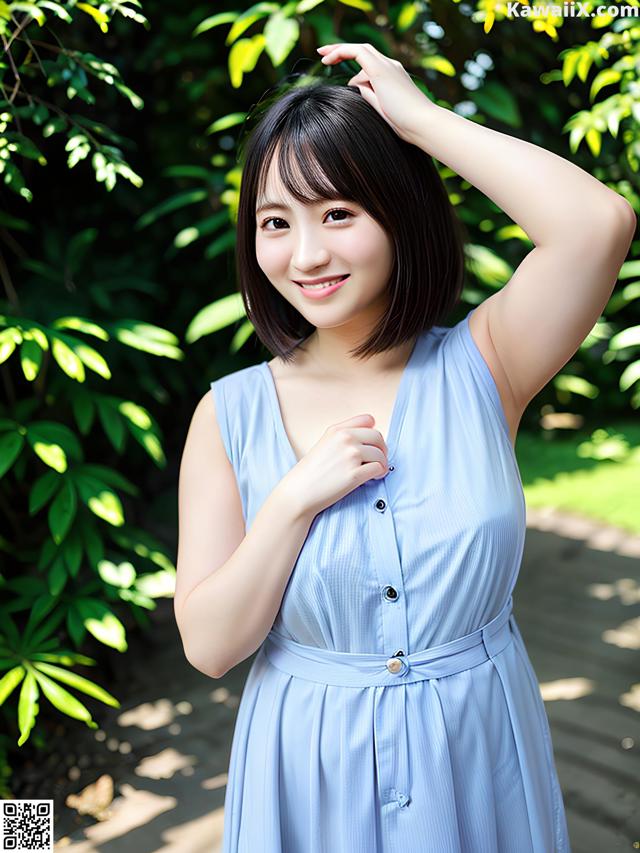 A woman in a blue dress posing for a picture.