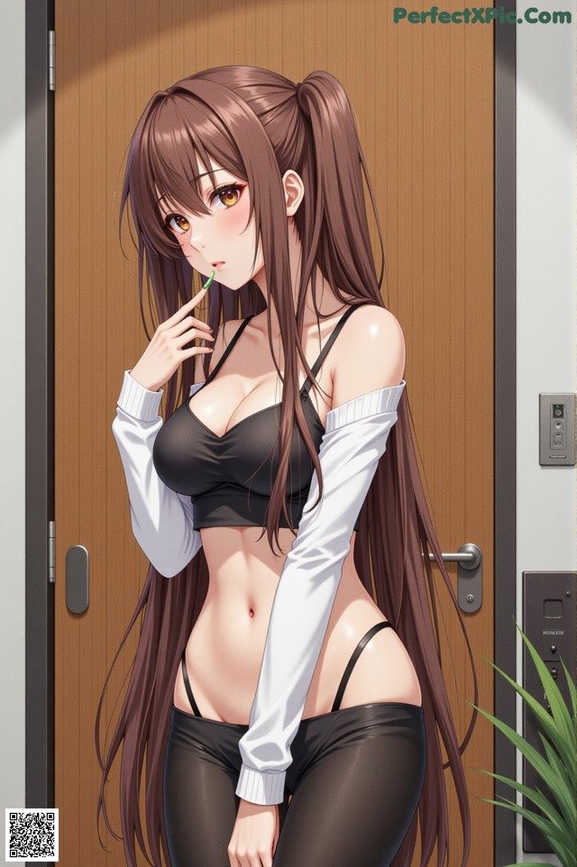 A woman with long brown hair standing in front of a door.